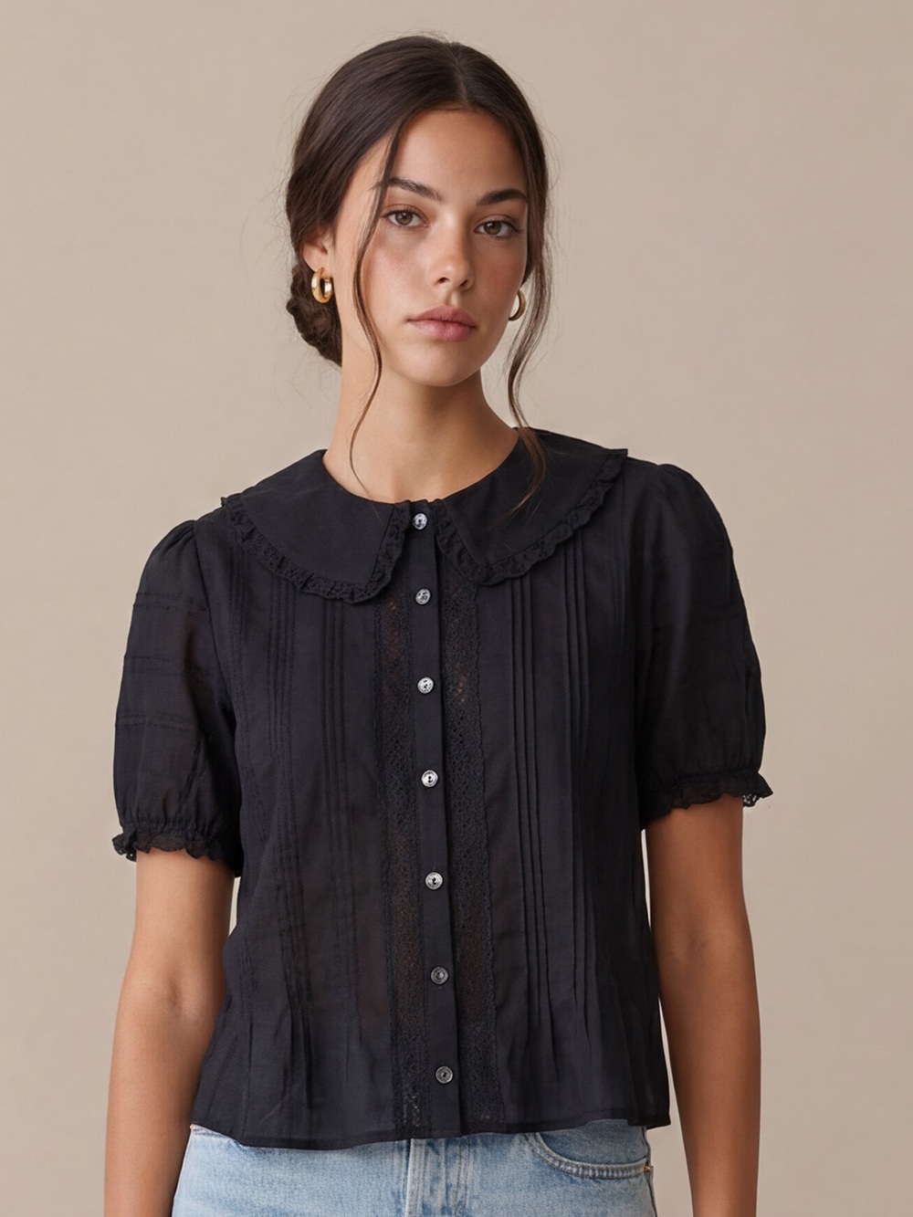 Sorella Dorothy Black Cotton Lace Collar Top NWT XS